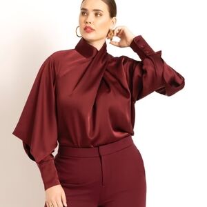 Eloquii Red Oversized Blouse with Mandarin Collar